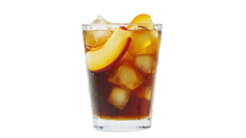 Refreshing Iced Beverage with Peach Slices and Ice Cubes in a Glass Perfect for Summer Drinks png