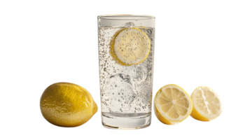 Refreshing Lemon Soda with Ice Cubes and Slices Perfect for Beverage Ads Recipes and Health png