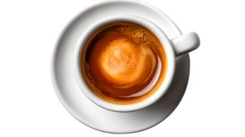 TopDown View of a Freshly Brewed Espresso in a White Ceramic Cup with Saucer png