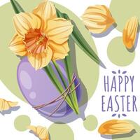 Happy Easter Square Card with Easter Egg and Yellow Daffodil on Green Background. Happy Easter Design. Perfect for Posters, Greetings, Social Media, and Banners. Celebrate Spring vector