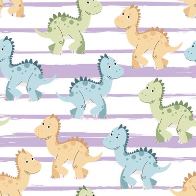 Seamless pattern with cute dinosaurs in flat style. Repeating texture with baby dinosaur on striped background. Kiddie background for fabric, wallpaper, wrapping paper