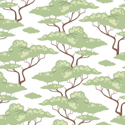 Seamless pattern with African acacia in flat style. Repeating background with savanna trees. Botanical background for fabric, wallpaper, wrapping paper