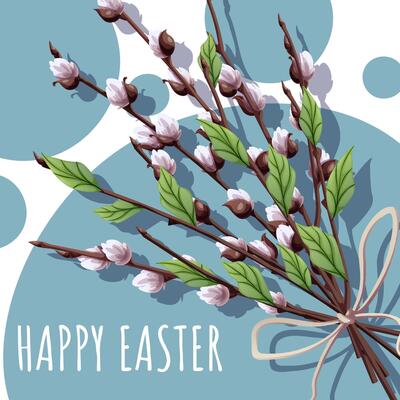 Happy Easter Square Card with Natural Willow Bouquet on Blue Background. Happy Easter and Spring Design. Great for Greetings, Posters, Social Media, and Seasonal Banners.