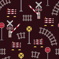 Seamless pattern with railway signs, rails and barrier in flat style. Childish background for fabric, wallpaper, scrapbooking, etc. vector