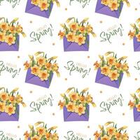 Seamless Pattern with Envelopes Filled with Yellow Daffodils. Elegant Floral Texture with Spring Flowers. Delicate Background for Fabric, Wallpaper, Wrapping Paper. vector