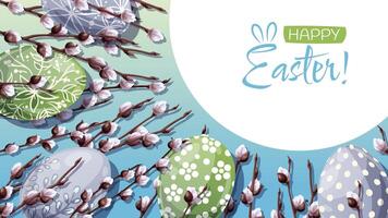 Happy Easter Banner Design with Colorful Easter Eggs and Fluffy Willow Branches. Spring Background for Cards vector