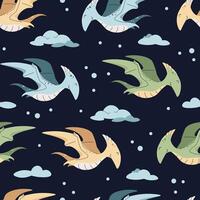 Seamless pattern with cute dinosaurs in flat style. Endless texture with flying pterodactyl with clouds. Childish background for fabric, wallpaper, wrapping paper vector