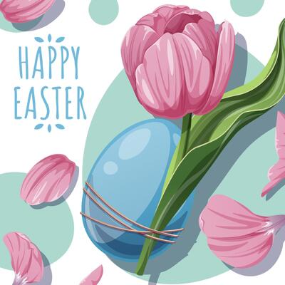 Happy Easter Square Card with Easter Egg and Pink Tulip on Blue Background. Happy Easter Design. Perfect for Posters, Greetings, Social Media, and Banners. Celebrate Spring