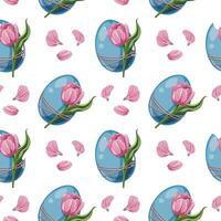 Seamless Pattern with Easter Egg and Pink Tulip. Easter Background for Fabric, Wallpaper, Wrapping Paper vector
