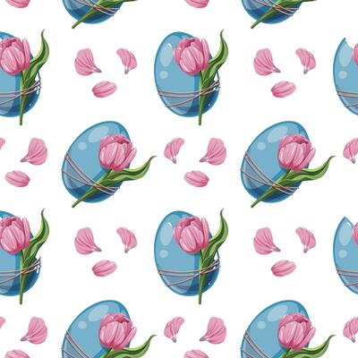 Seamless Pattern with Easter Egg and Pink Tulip. Easter Background for Fabric, Wallpaper, Wrapping Paper