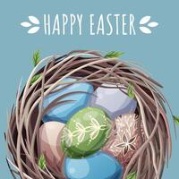 Happy Easter Square Card with Birds Nest and Colorful Eggs on Blue Background. Happy Easter Design. Perfect for Posters, Greetings, Social Media, and Banners vector