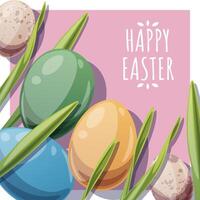 Happy Easter Square Card with Colorful Eggs in Grass. Happy Easter and Spring Design. Perfect for Greetings, Social Media, Banners, and Festive Promotions. vector