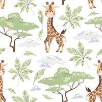 Seamless pattern with cute giraffes in flat style. Repeating background with African animals, palm leaves and acacia. Childish illustration for fabric, wallpaper, wrap vector