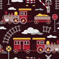 Seamless pattern with steam locomotive, rails and barrier in flat style. Childish background with toy train for fabric, wallpaper, scrapbooking vector