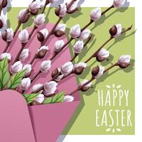 Happy Easter Square Card with Willow Branch in Envelope on Green Background. Happy Easter Design. Perfect for Greetings, Posters, Social Media, and Festive Banners. Celebrate Spring vector