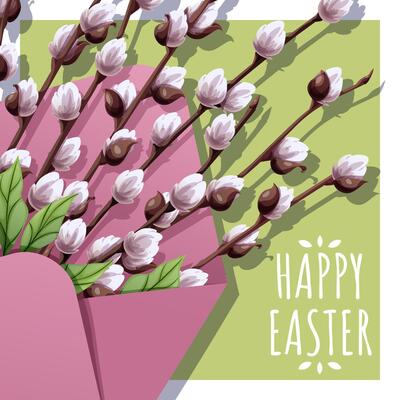 Happy Easter Square Card with Willow Branch in Envelope on Green Background. Happy Easter Design. Perfect for Greetings, Posters, Social Media, and Festive Banners. Celebrate Spring