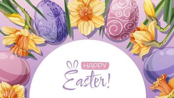 Happy Easter Banner Design with Colorful Easter Eggs and yellow daffodils. Background for Cards, Posters vector
