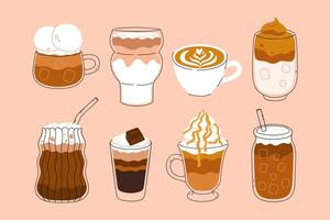 Set of different coffee drinks in beautiful glasses and mugs. graphics. vector