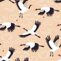 Seamless pattern with flying red-crowned cranes and clouds. graphics. vector