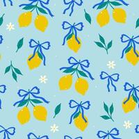 Seamless pattern with lemons and blue ribbons on a light blue background. graphics. vector