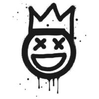 Smiling face emoticon character with crown. Spray painted graffiti smile face in black over white. isolated on white background vector