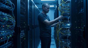 Technician in data center, managing servers photo