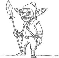 Detailed hand drawn fantasy goblin warrior with spear wearing medieval armor and a helmet standing in a battle ready stance black ink sketch on parchment background vector
