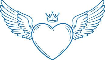 Hand-drawn illustration of a heart with wings and a crown in minimal blue line art on a white background vector