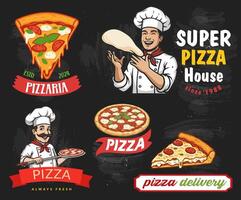 The collection of pizza emblems is useful for pizza restaurants and bistros. It offers designs that match your business identity. vector
