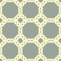 Seamless pattern with repeating geometric shapes. Light yellow lace-like motifs on a gray background. Symmetrical design featuring octagonal and floral elements. Elegant and stylized artistic motifs. vector