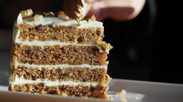 Carrot cake slice with cream cheese frosting and nuts served on plate video