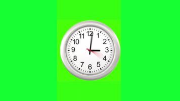 seamless looping animation with white wall large clock. arrows spin clockwise. green screen or chroma key background for copy space video