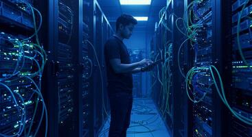 Man in server room, inspecting data. Data center cables and equipment in blue light photo