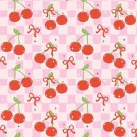 Cute Retro Cherries and Bow Seamless Pattern on Checkered Background, Y2K Aesthetic vector