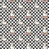 Cute Retro Silly Goose on the loose Seamless Pattern Playful Goose ride skatboard on checkered background vector