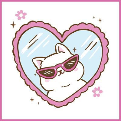 Cute Funny Retro Self Love Cat wear sassy glassses In Mirror Cartoon Doodle Hand Drawn
