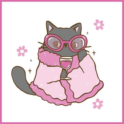 Cute Funny Retro Self Love Cat with wine wear sassy glassses and bathrobe Cartoon Doodle Hand Drawn