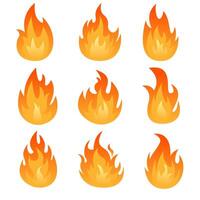 Set of Nine Orange Flames Various Sizes in a Row vector