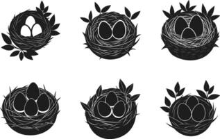 Collection of Bird Nest Silhouettes with Eggs - Spring Nature Set vector