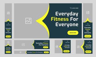 Daily body fitness services web bundle banner design for social media post, daily exercise methods web set banner design, fully customizable eps 10 file format vector