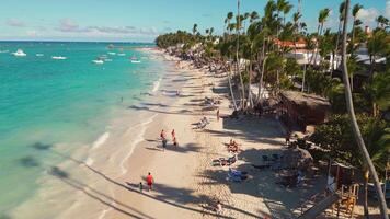 Aerial view of a tropical beach near a hotel with many tourists in Punta Cana, Dominican Republic. People are relaxing, sunbathing, and swimming. video