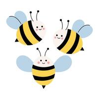 Set of cute bees illustration. Three smiling bumblebee characters. Adorable cartoon insects perfect for spring and summer designs. Flat illustration isolated on white background. vector