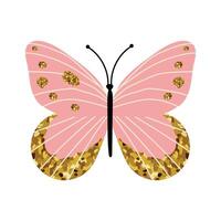 Pink butterfly with gold glitter spots and elegant wing lines. Cute decorative insect in minimal flat style. Stylish feminine spring design element. illustration isolated on white background. vector