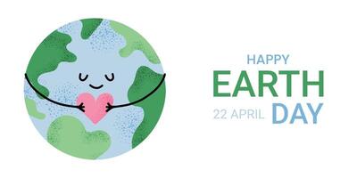 Earth Day banner design with smiling planet hugging heart. Eco friendly holiday greeting Happy Earth Day April 22. Flat illustration in white isolated background. Poster, card. vector