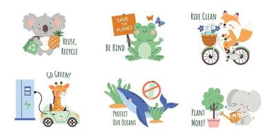 Cute eco Set of flat style illustrations with giraffe, koala, frog, fox, and whale, focusing on eco-friendly messages through their activities like recycling and tree planting. vector