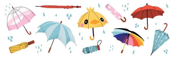 Set of umbrellas with raindrops in various styles, transparent, folded, classic, duck shaped, and rainbow. Cute and stylish rain accessories for autumn and spring. Weather protection. vector