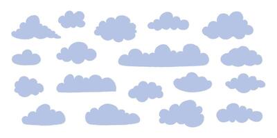 Cute set of hand drawn clouds in soft pastel blue. Minimalist textured weather elements. Cozy spring and sky design. Simple fluffy cloud collection. Flat illustration isolated on white background. vector