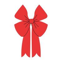 Red festive bow with long tails. Elegant ribbon decoration for Christmas, New Year, gift wrapping, and celebration themes. Classic decorative element in flat style. vector