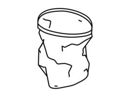 Hand drawn cute outline illustration crumpled cup. Flat disposable plastic trash or environmental pollution line art doodle. Crushed beverage container sticker or icon. Waste sorting. Isolated. vector
