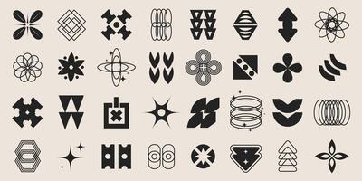 Brutalist black and white geometric shapes set. Abstract contemporary shapes, y2k retro design elements collection. Funky geometric minimal figures and shapes for banner, poster, sticker, websites vector